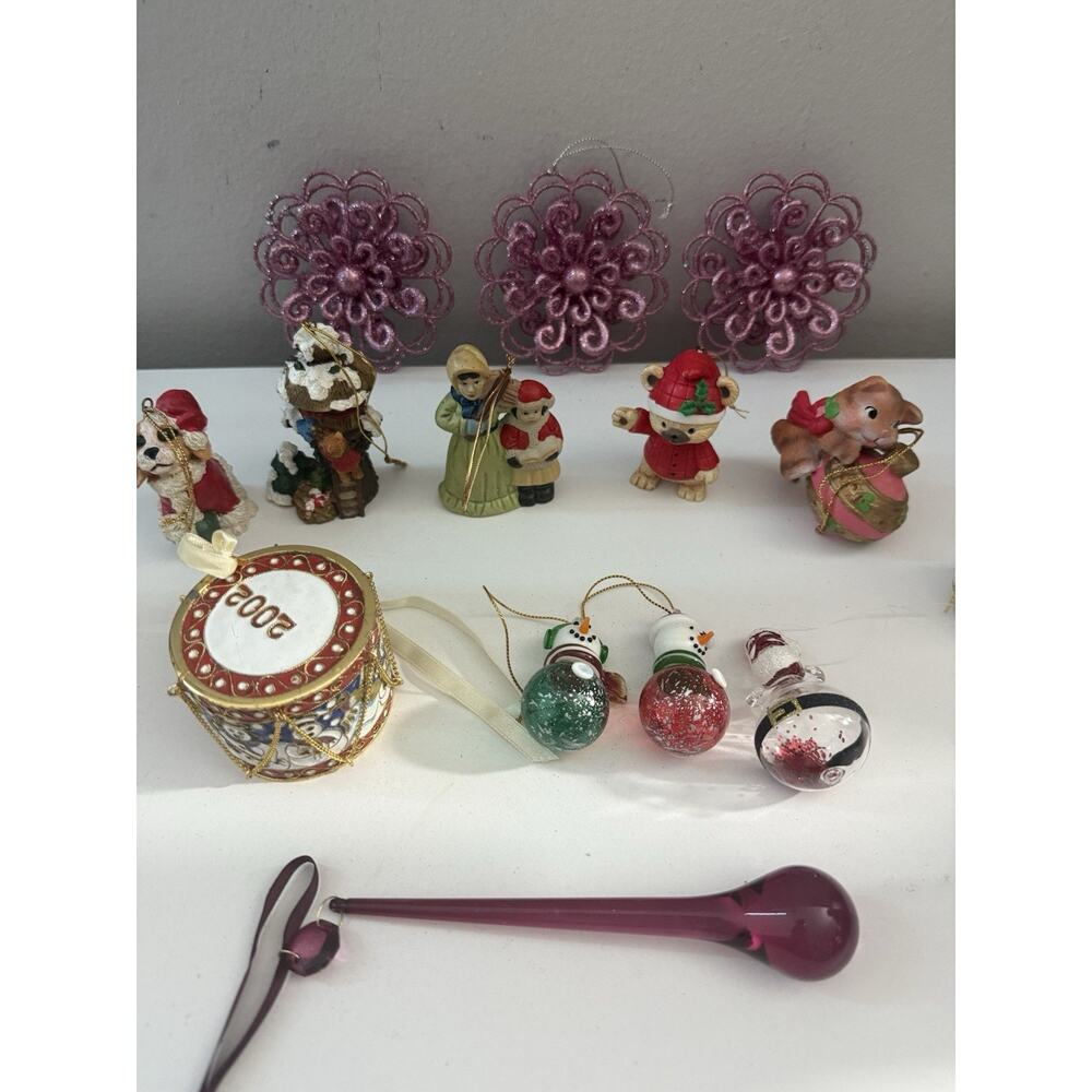 Vintage Mixed Christmas Ornaments Lot – Resin Figures, Glass Snowmen, Drum..